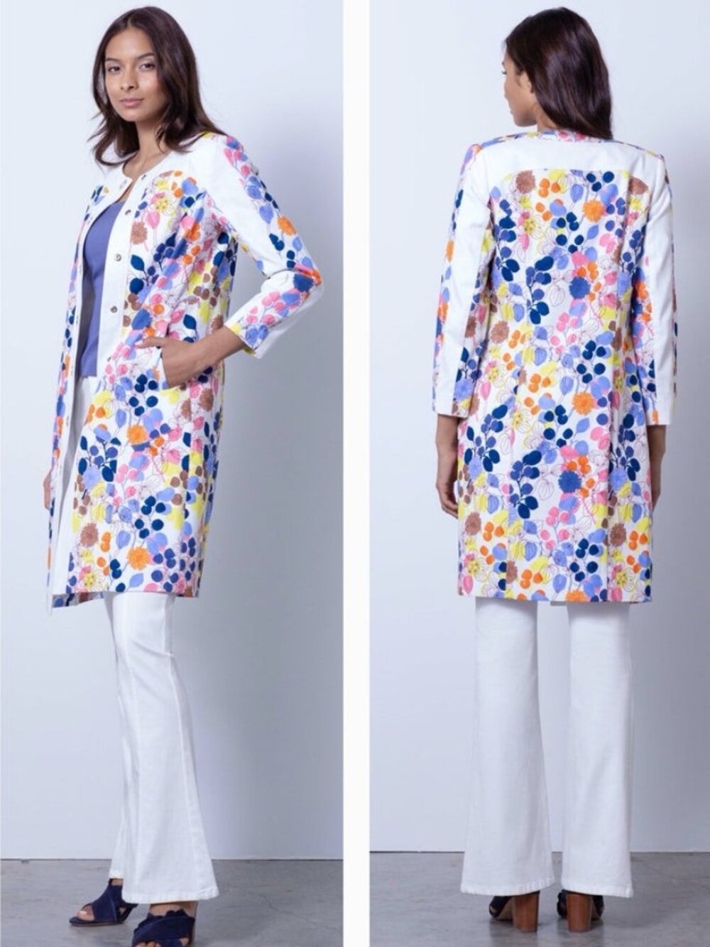 Etcetera Floral Print Coat with White Banding